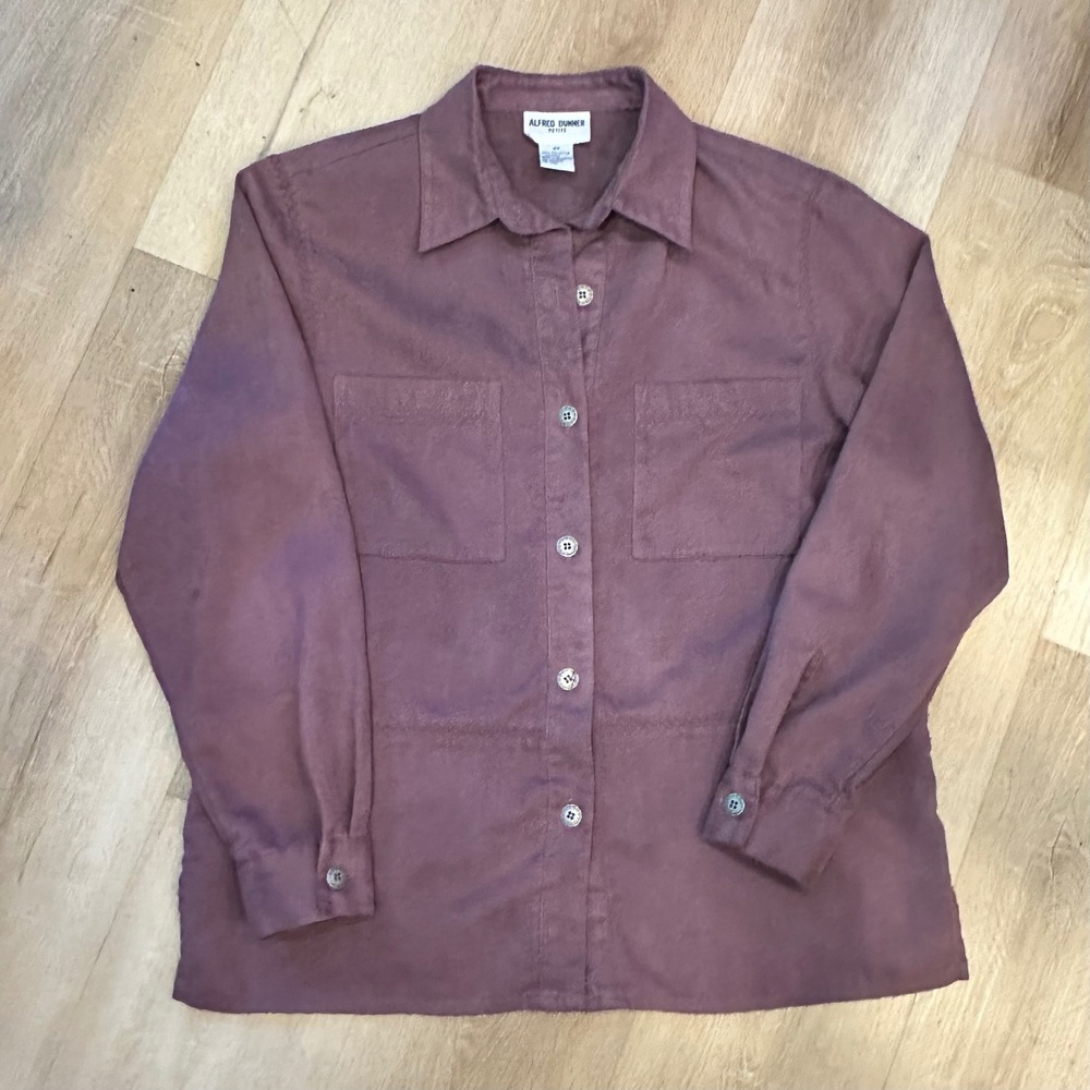 Alfred Dunner Faux Suede Blouse Size 6P Button Front Shirt Shacket Shoulder Pads